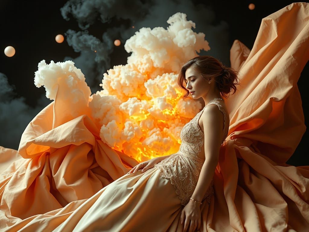 Elegant Woman Witnessing Liquid Explosion in Surreal 3D Styl...