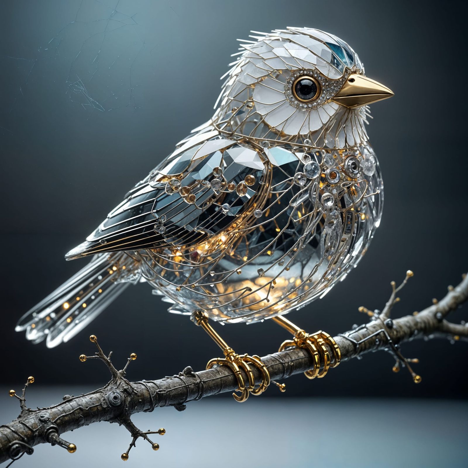 Hyperrealistic Circuit Board Bird on Branch