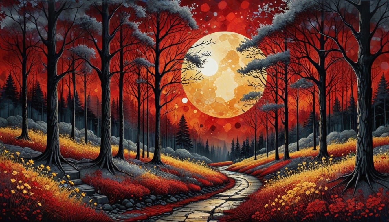 Moonlit Forest Landscape in Vibrant, Heavy Impasto Style