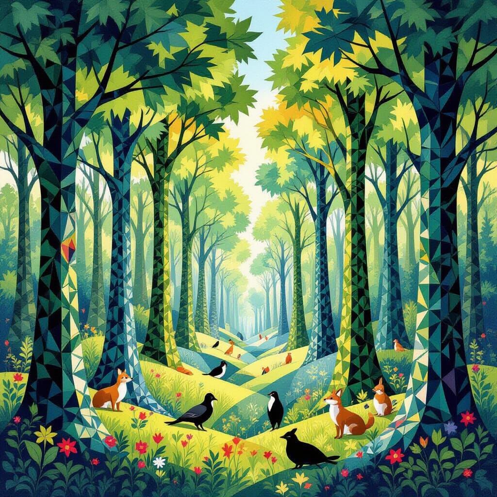 Geometric Forest Art With Tessellated Wildlife