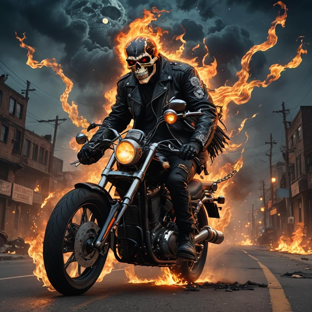 Flaming Skull Biker on Harley in Apocalyptic Landscape