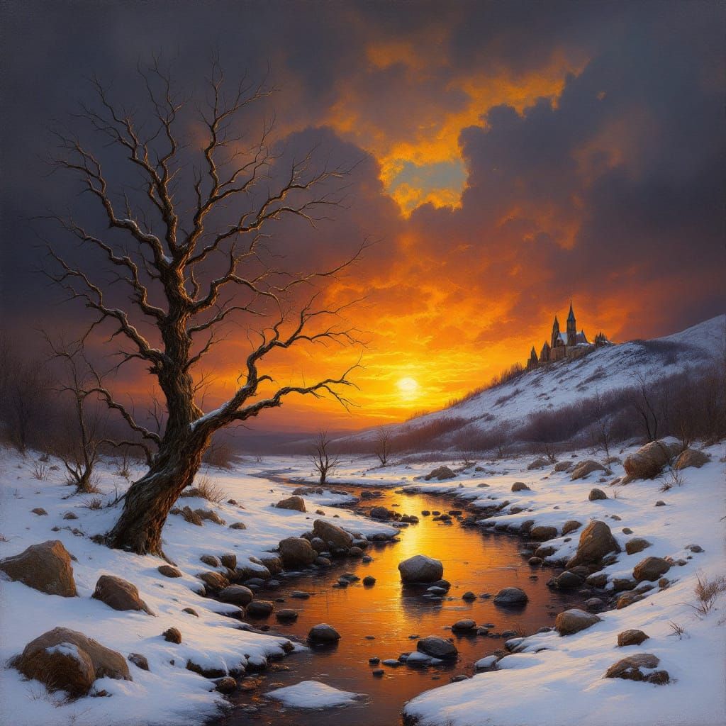 Dramatic Sunset Over Winter Landscape with Basque Church