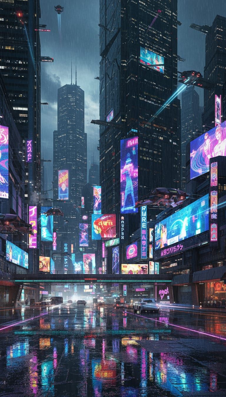 Cyberpunk Cityscape at Night with Neon Lights