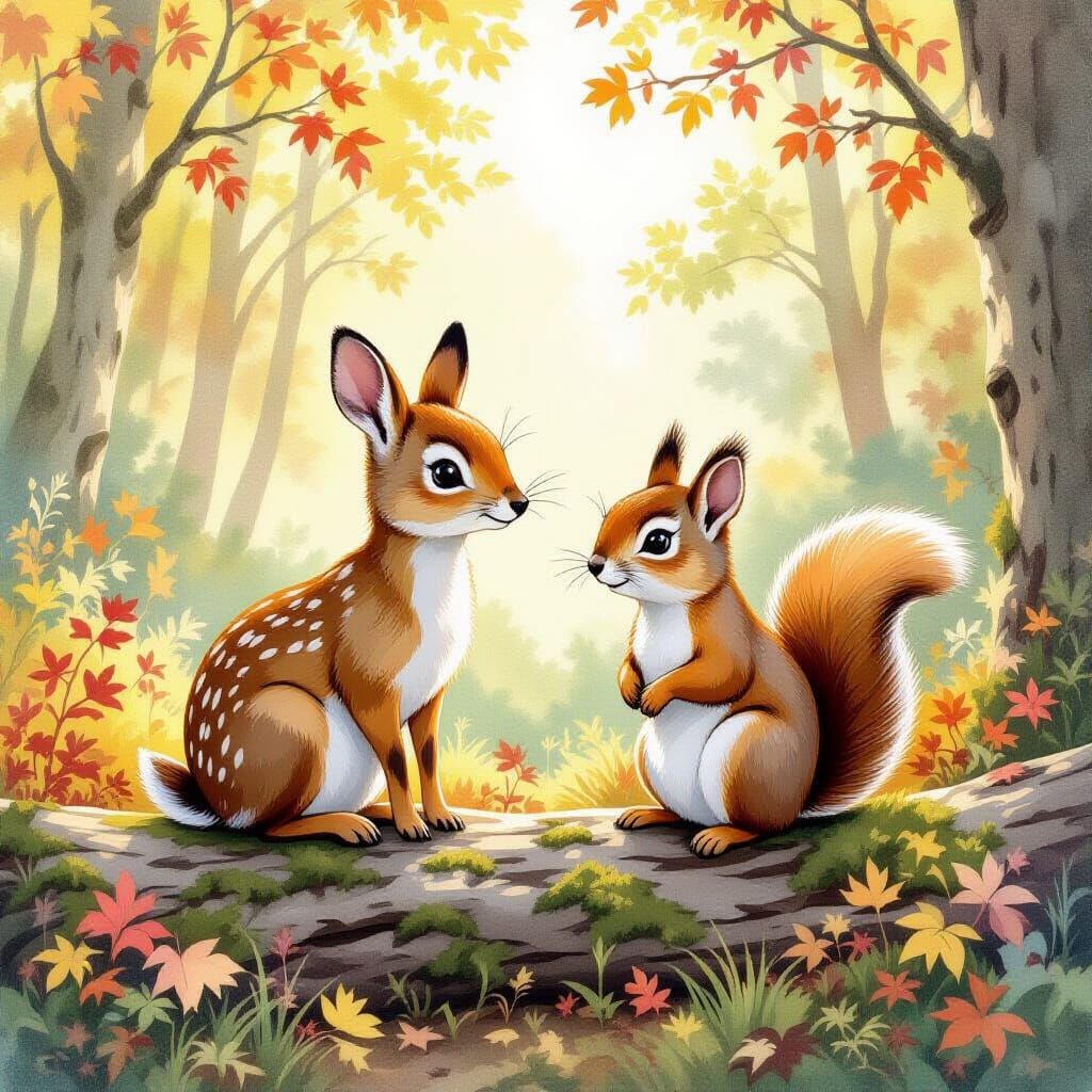 Gentle Deer and Squirrel in Sunlit Forest