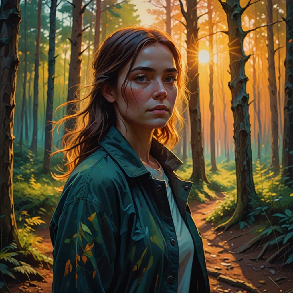 Woman Walking in Woods at Sunset, Vibrant Oil Painting