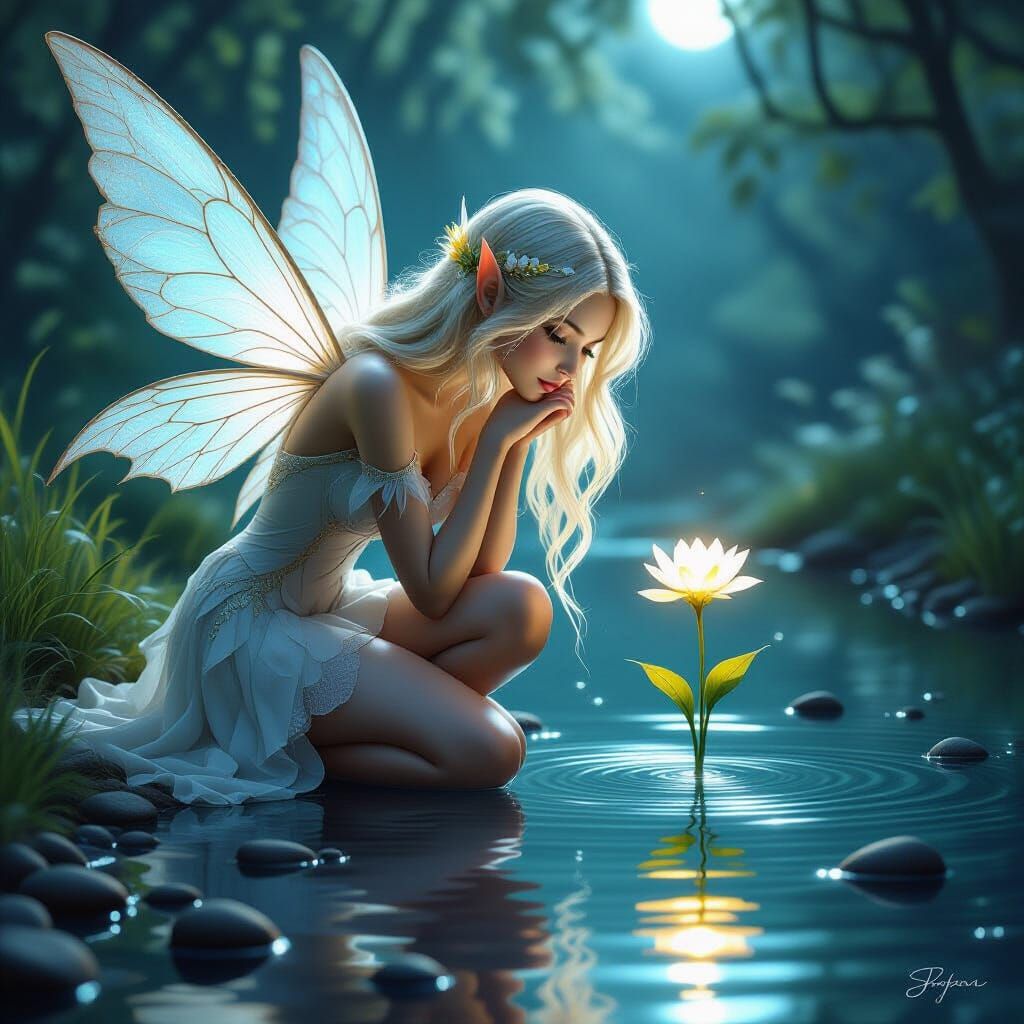 Ethereal Fairy Gazes at Moonlit Flower by Pond