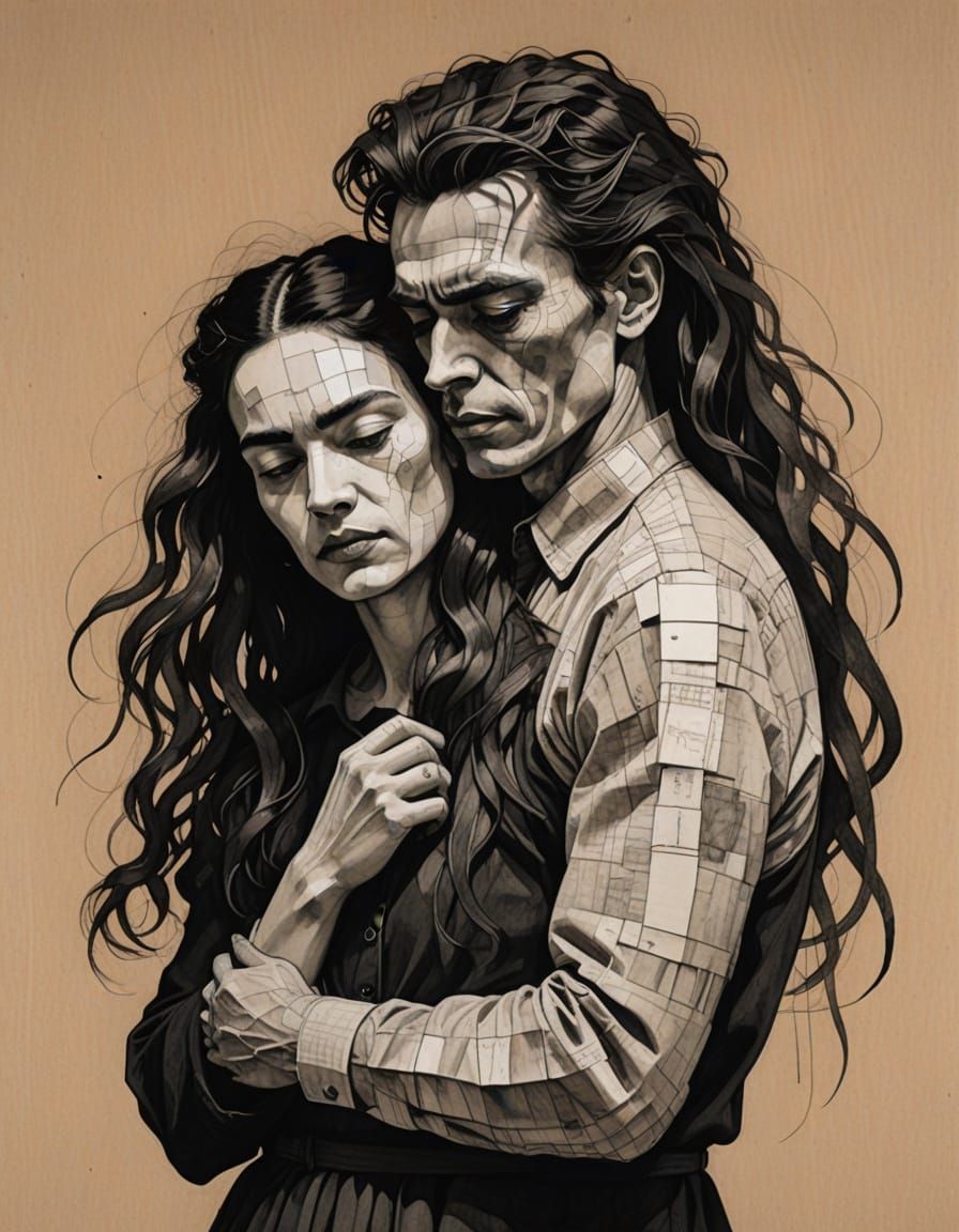 Tender Moment of Emotional Healing in Monochromatic Pencil S...