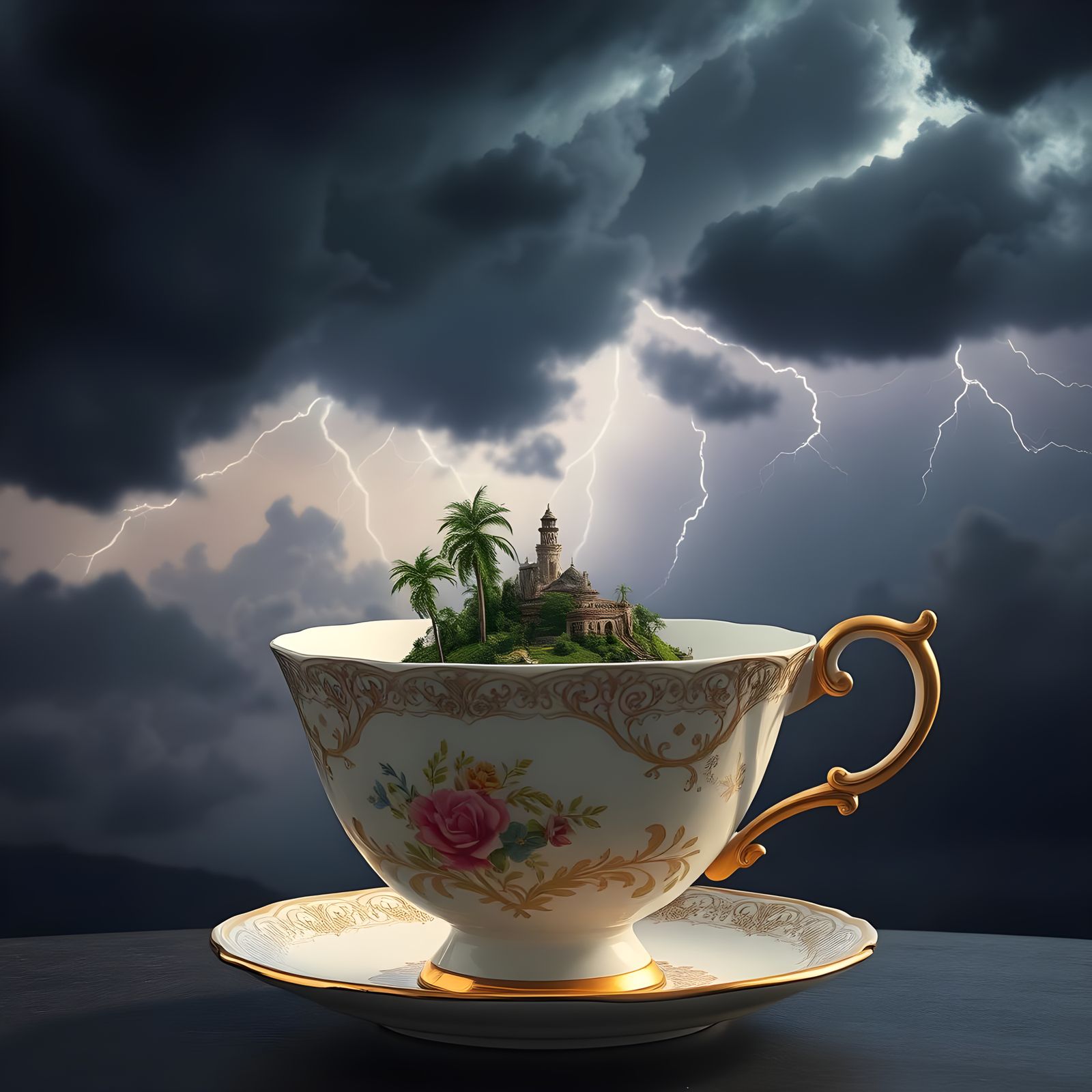 Island in Teacup with Cinematic Storm
