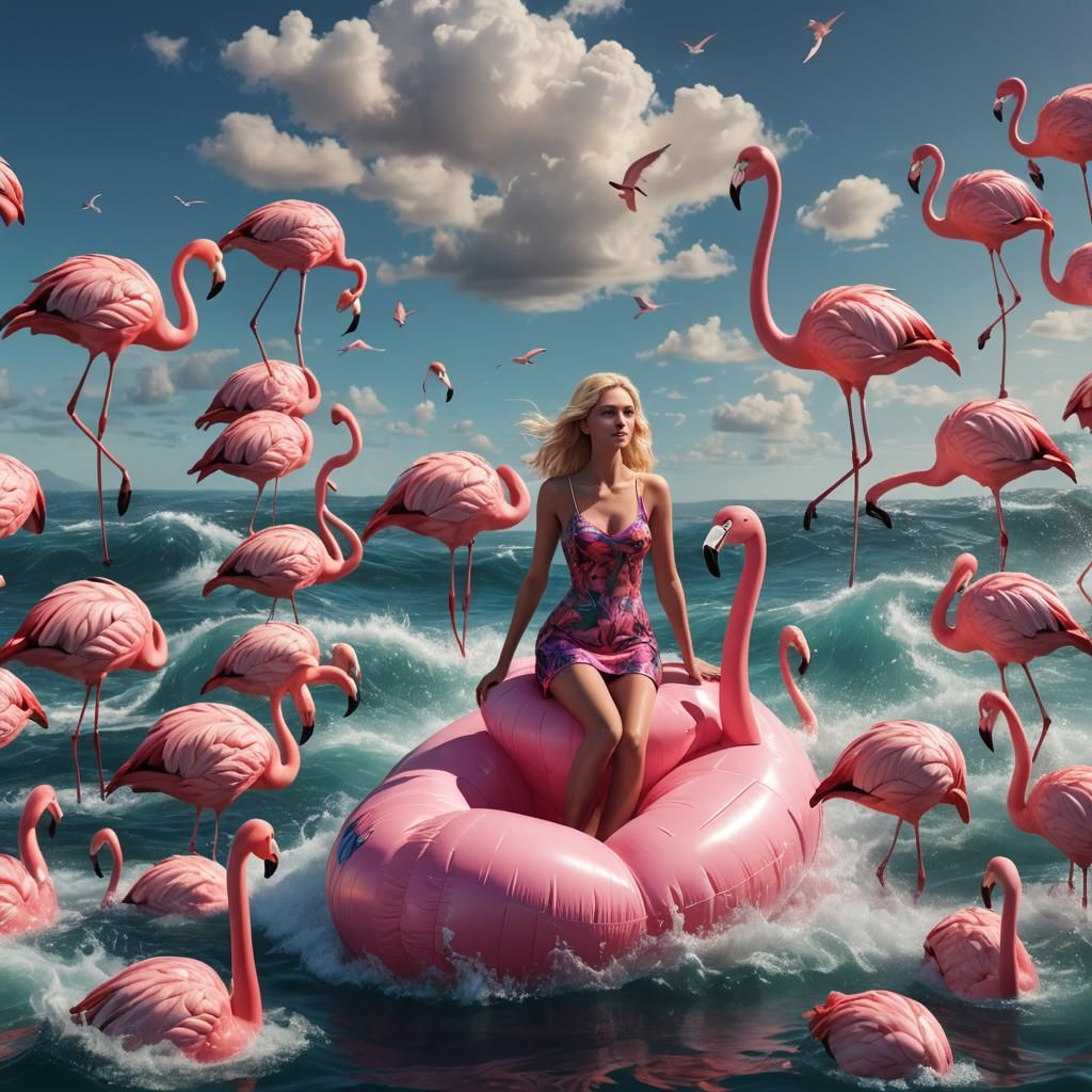 Blonde Woman on Flamingo Float: Fantasy Art