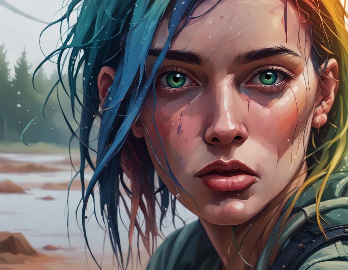 Grungy Woman Portrait with Rainbow Hair, Digital Art