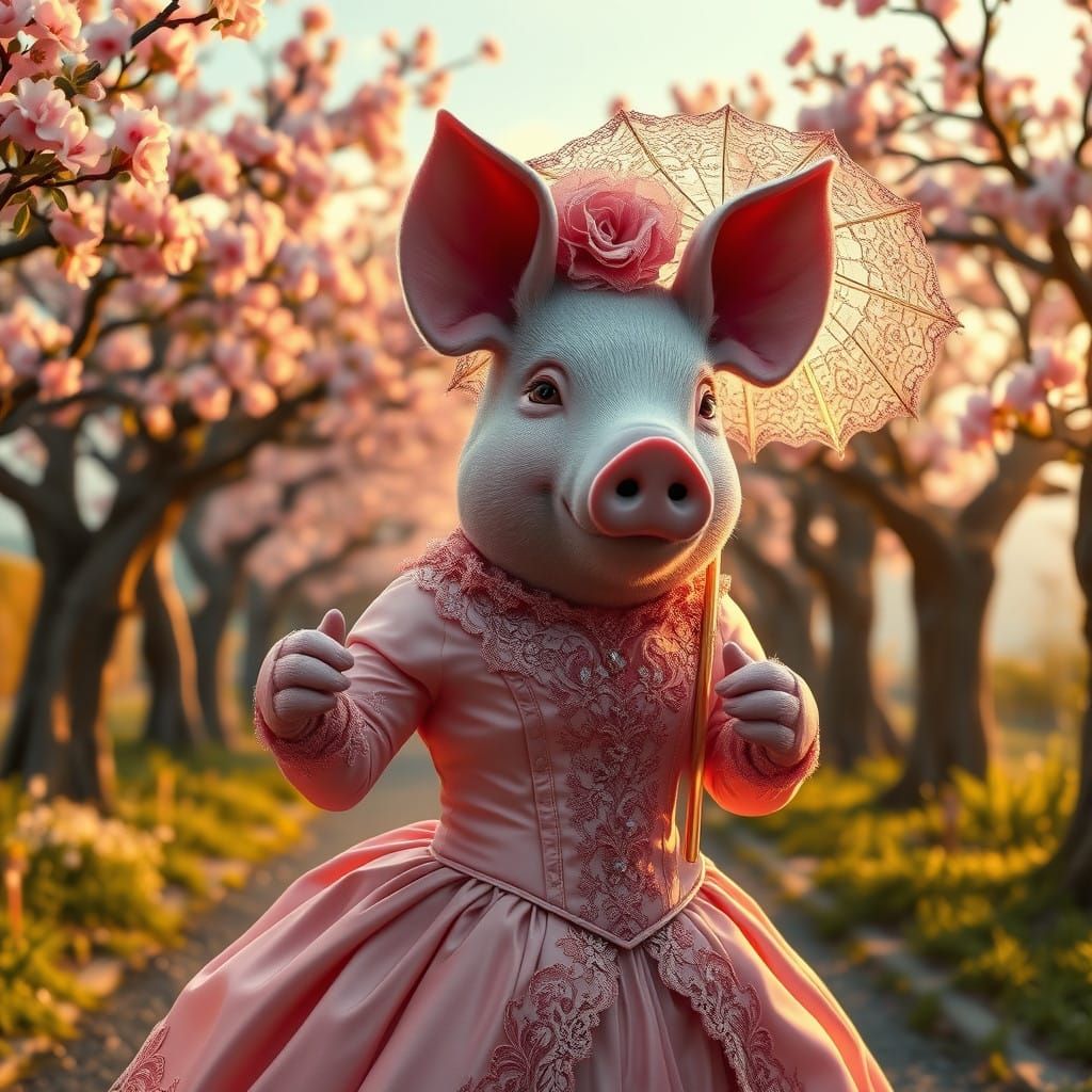 Regal Pink Pig Strolls Through Cherry Blossom Lane