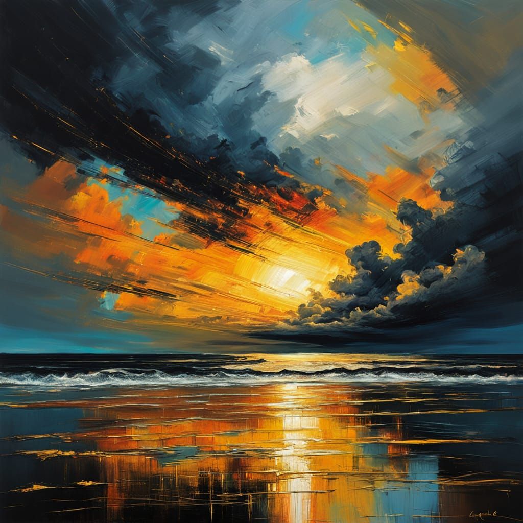 Abstract Expressionist Seascape with Golden Horizon