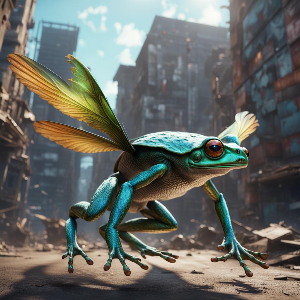 Winged Frog Flies Over Urban Wasteland