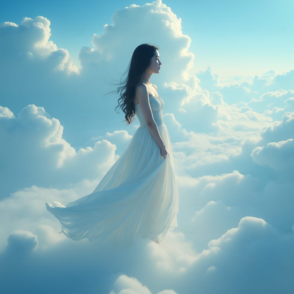 Ethereal Woman Dissolving into Shimmering Sky