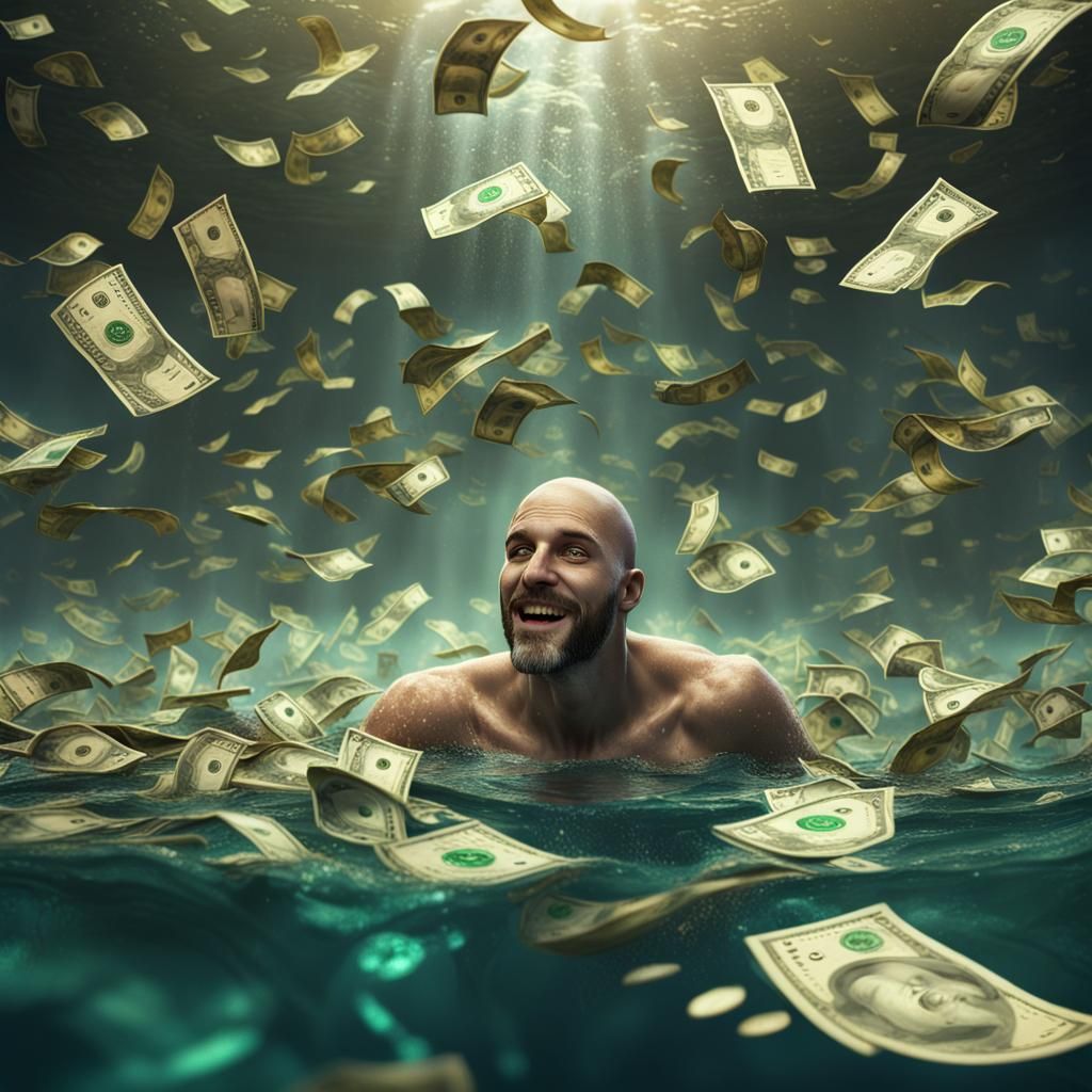 Man Swimming in Money: Detailed Fantasy Concept Art