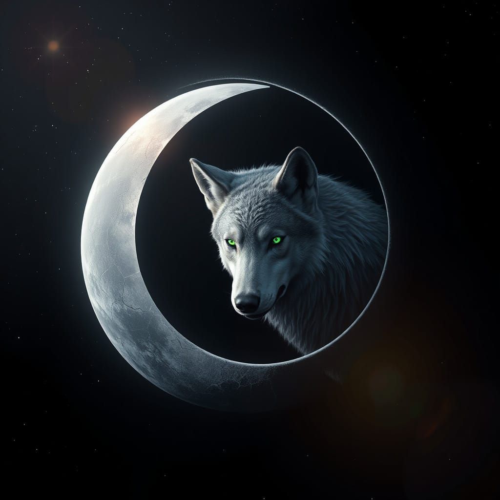 Crescent Moon Enthrones Regal Wolf in Starry Night Sky