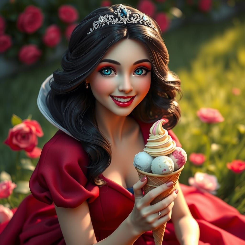 Snow White Enjoying Ice Cream, Detailed Portrait