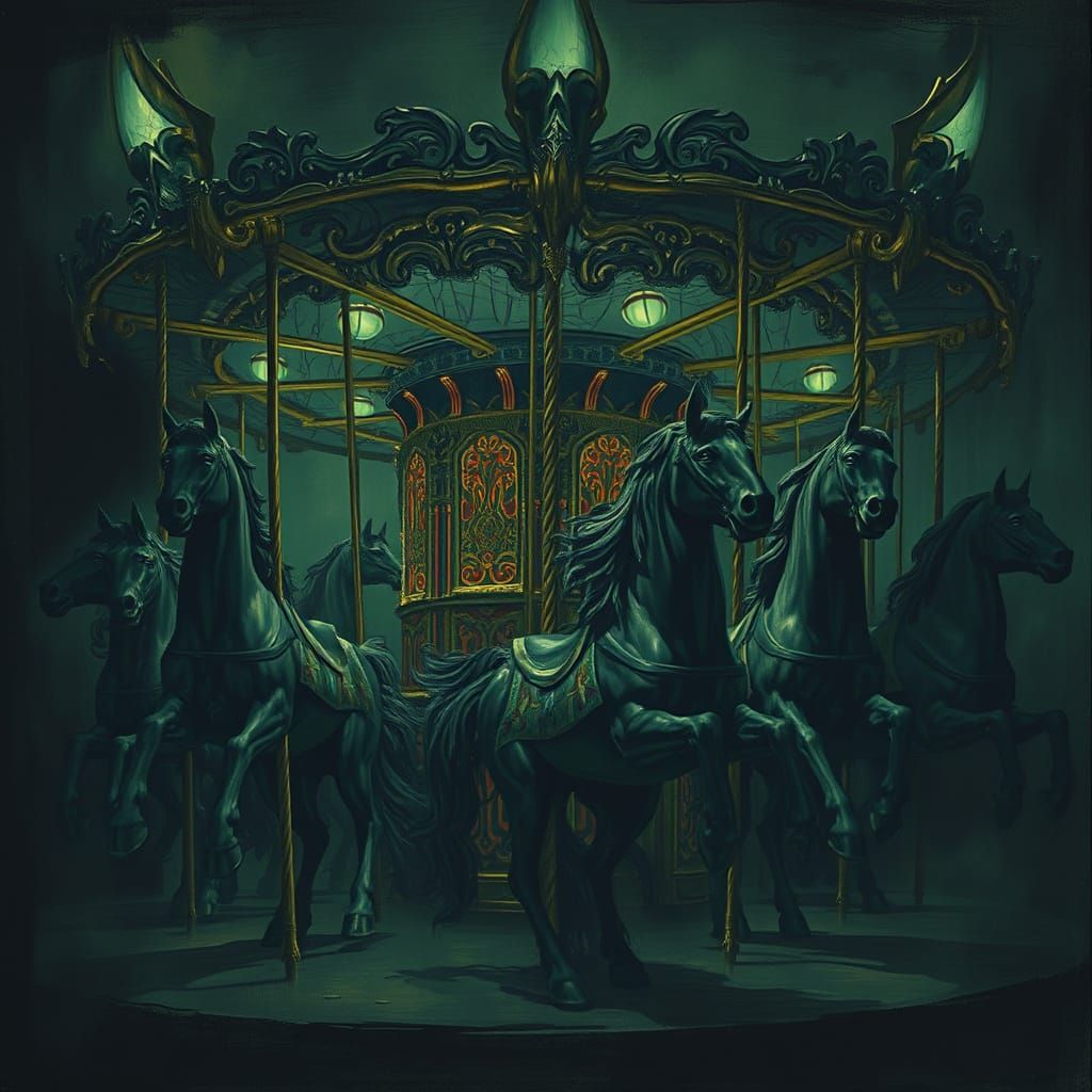 Dreaded Carousel of Black-Green Horses with Glowing Eyes