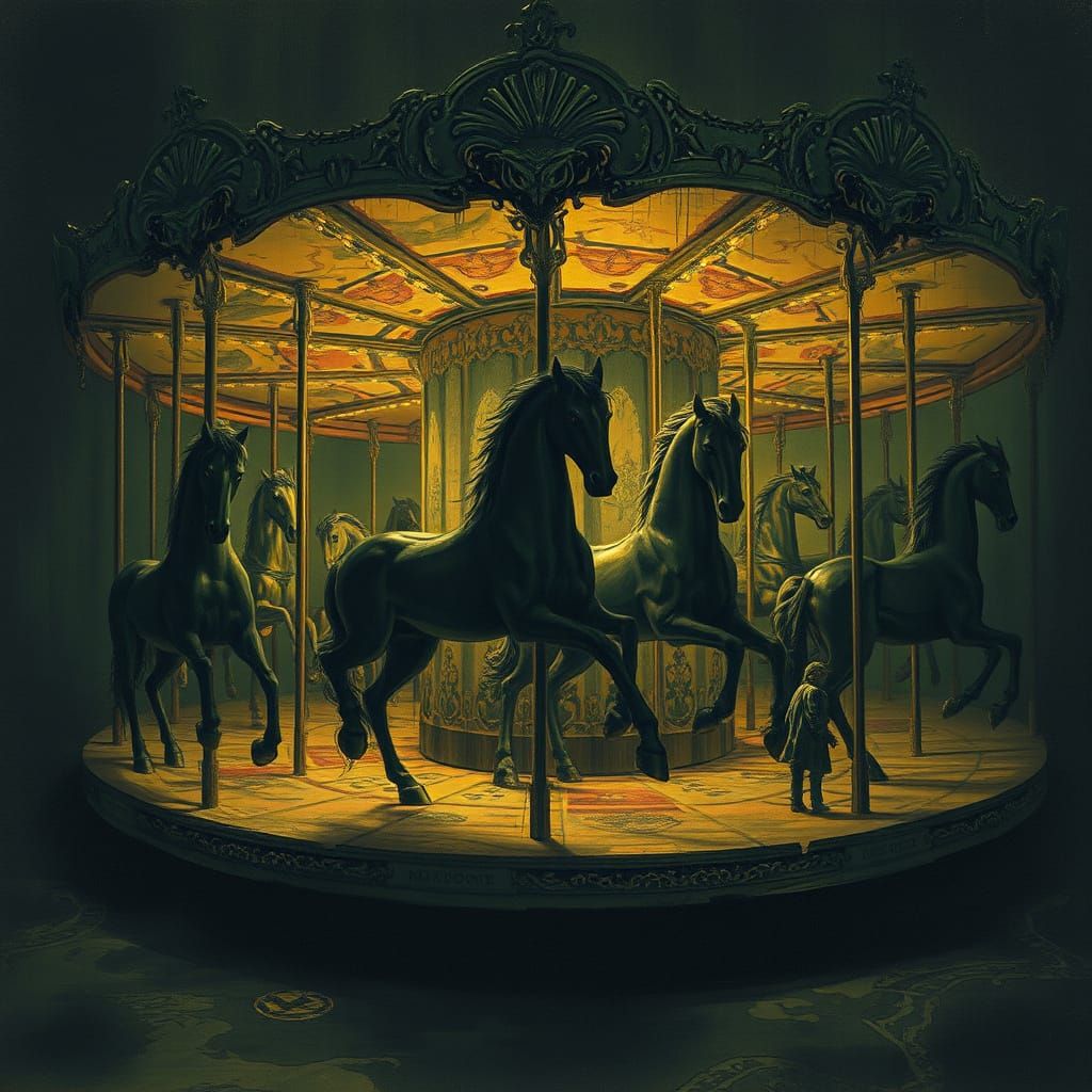 Dreaded Carousel of Black Horses with Glowing Eyes