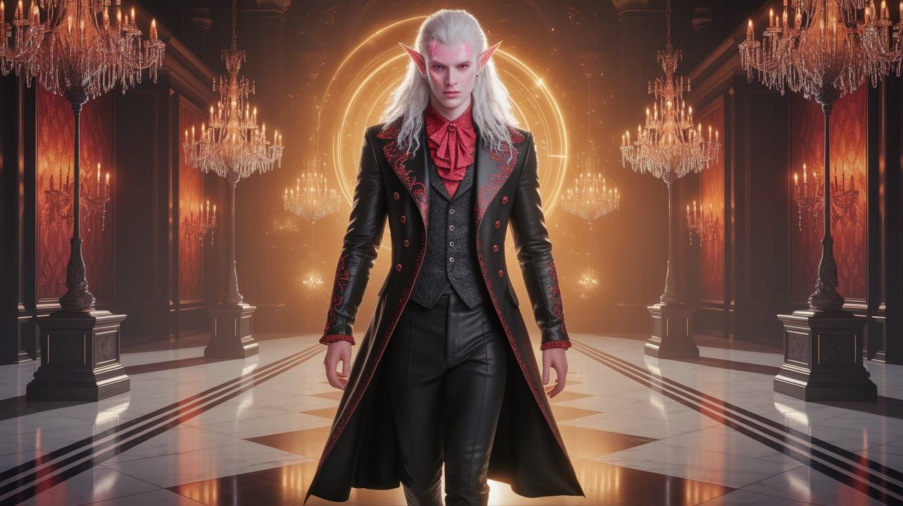 Elegant Elf in Ballroom with Red Sigils and Golden Aura