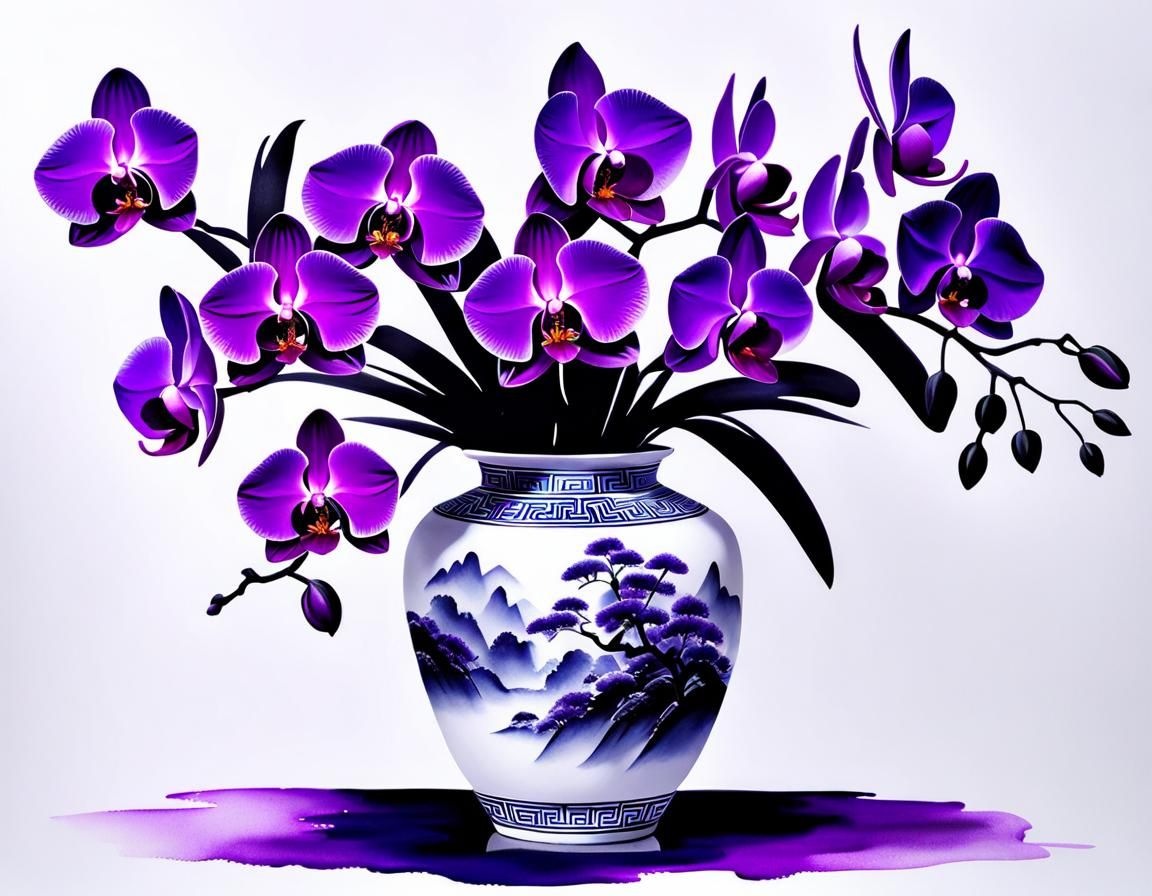 Purple Orchids in Vase: Chinese Ink Painting