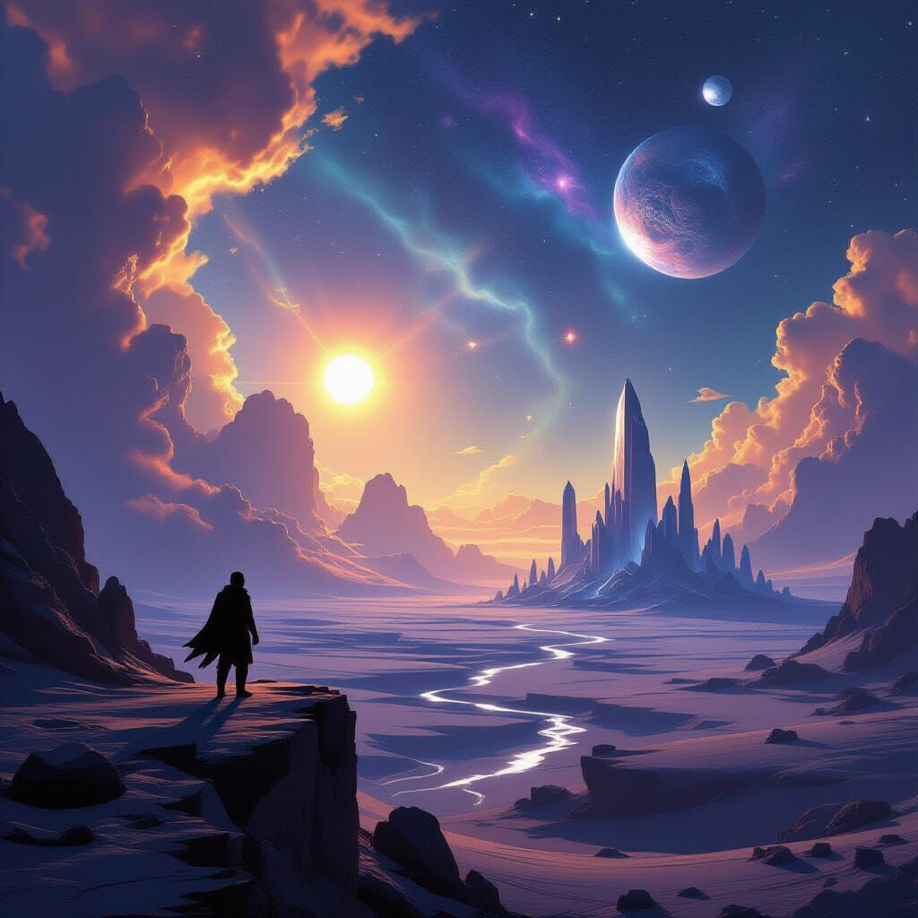 Explorer on Crystalline Desert Under Nebulae Sky