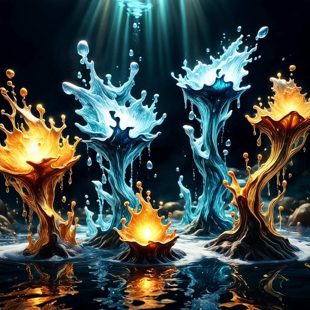 Liquid Water Elementals in Hyperrealistic Splashing Colors