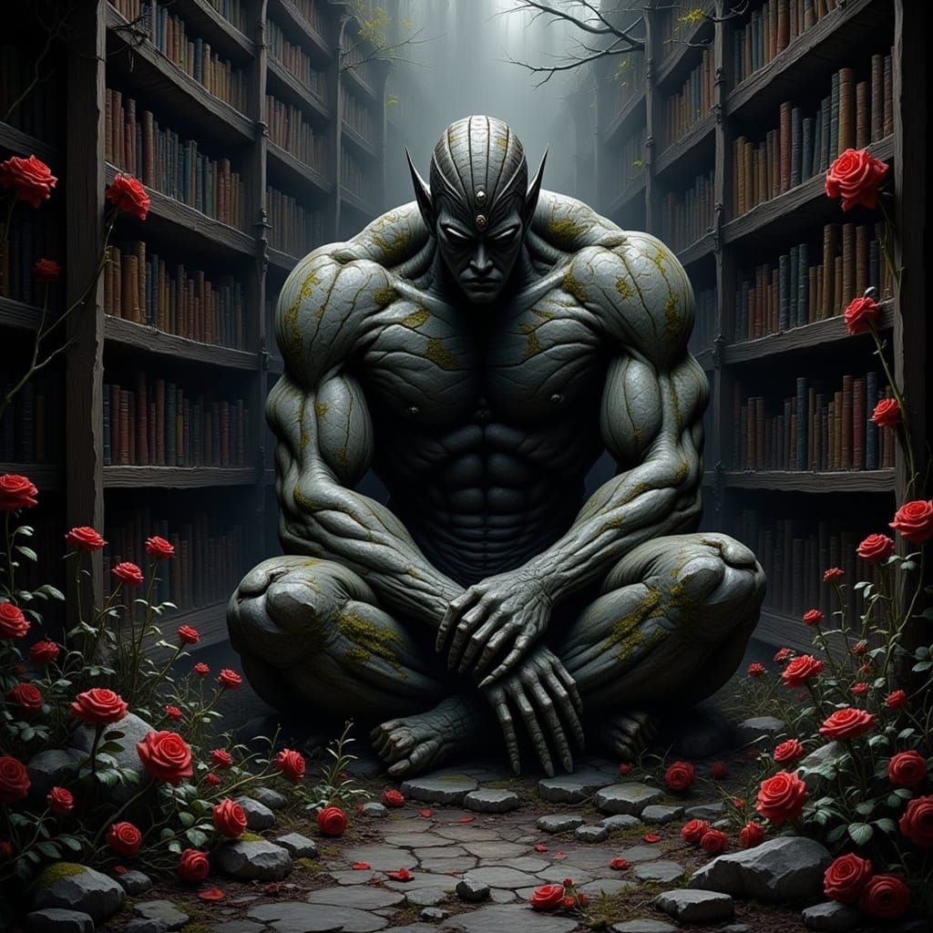 Stone Giant Slumbers in Ancient Library