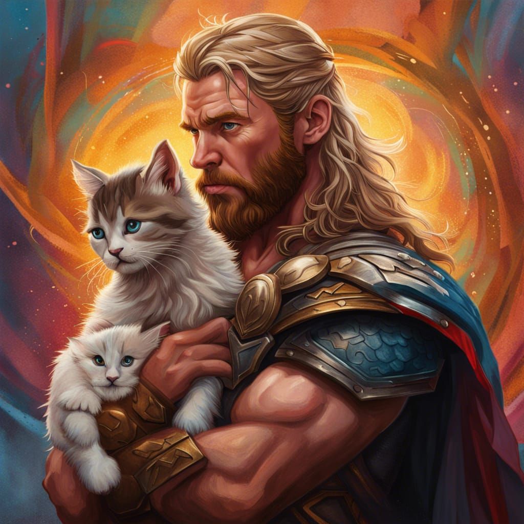 Thor and Kitten: Hyperrealistic Norse Mythology