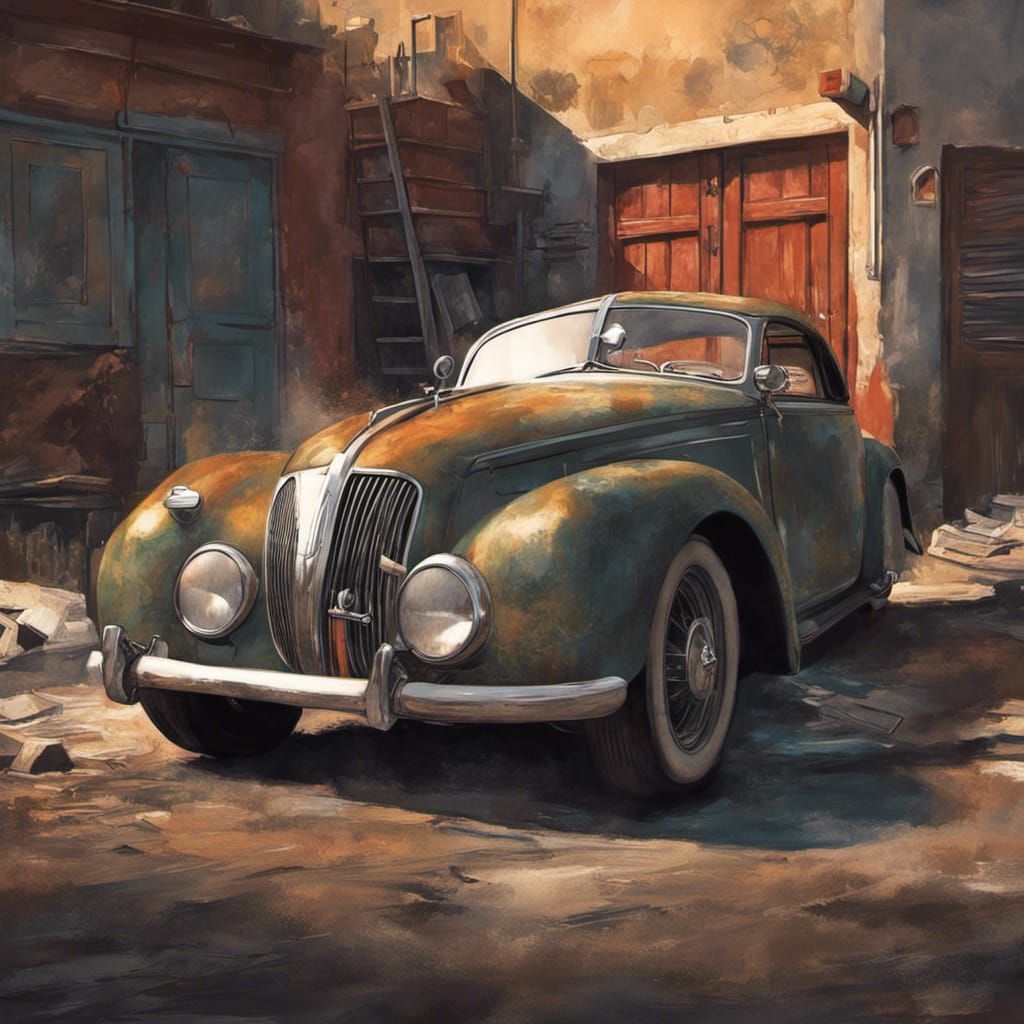 Classic Car in Workshop: Hyperrealistic Splash Art