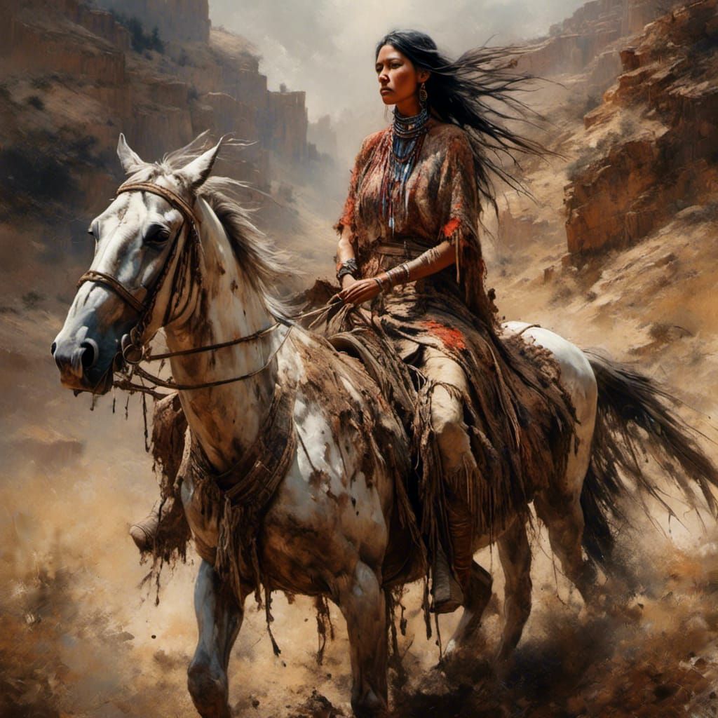A native American female on a horse