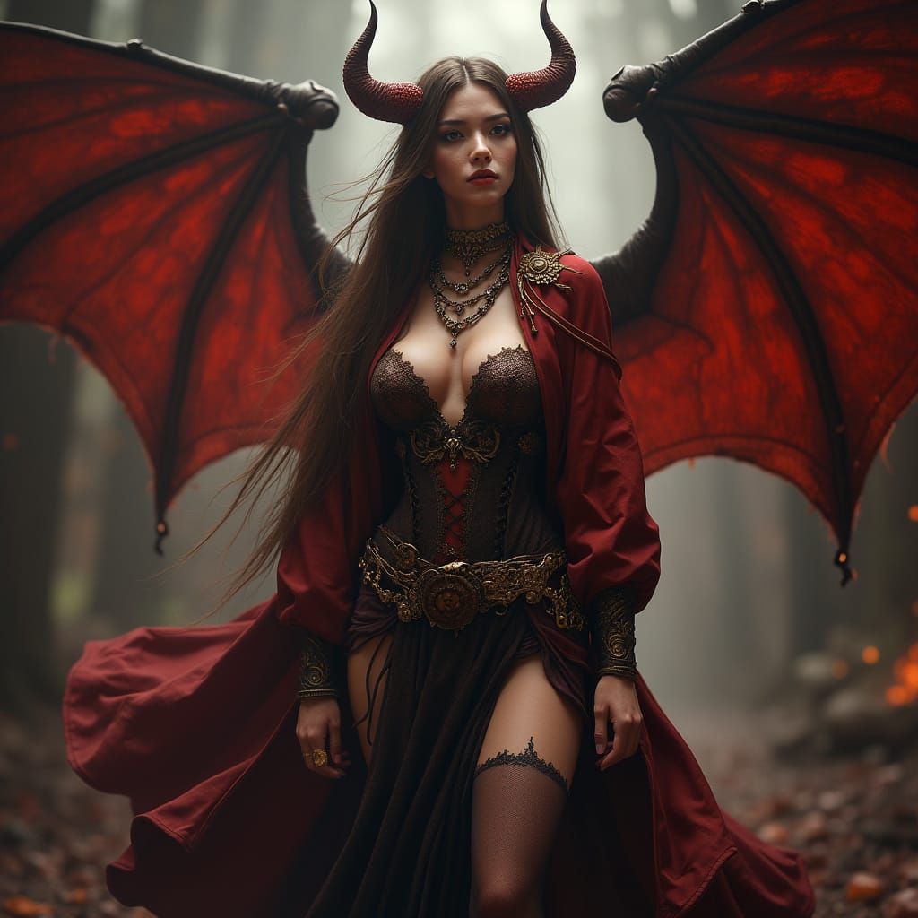 Dark Fantasy Female Demon in Opulent Greed-Inspired Attire