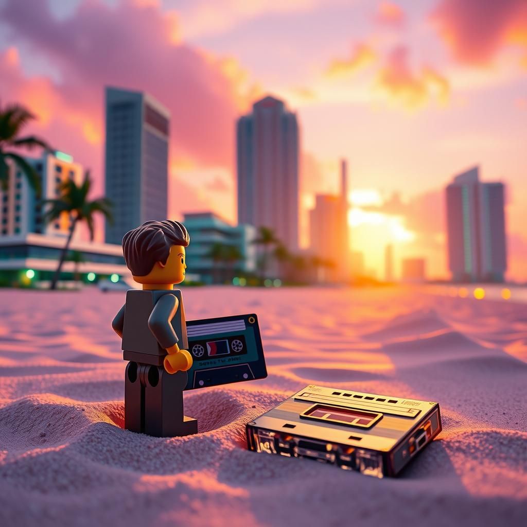 Lego Minifigure Gazes at Vaporwave Miami Sunset