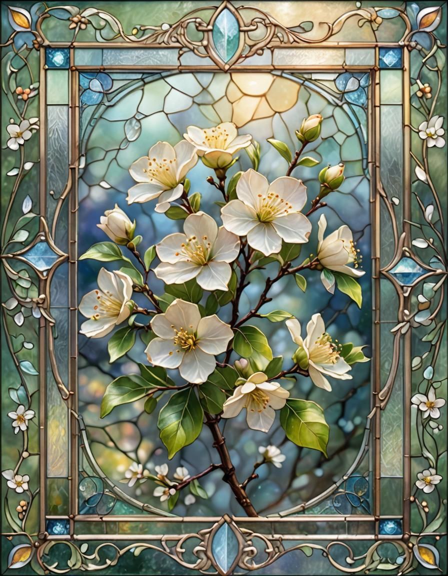 Ethereal Stained Glass Quince Flower in Dreamy Light