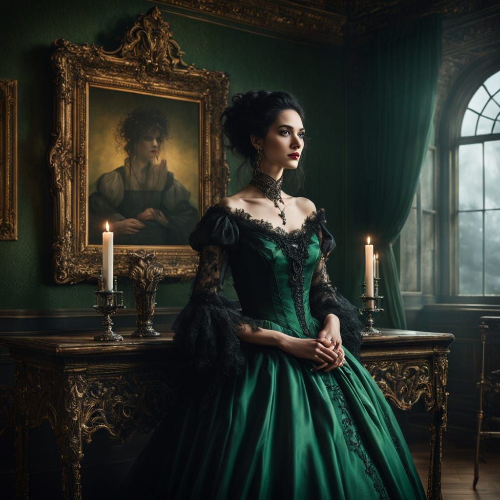 Victorian Woman in Gothic Gown with Candelabra