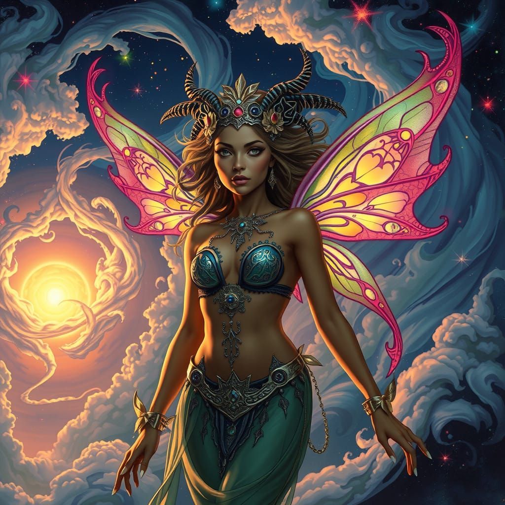Whimsical Fairy Goddess Surrounded by Magical Night Sky