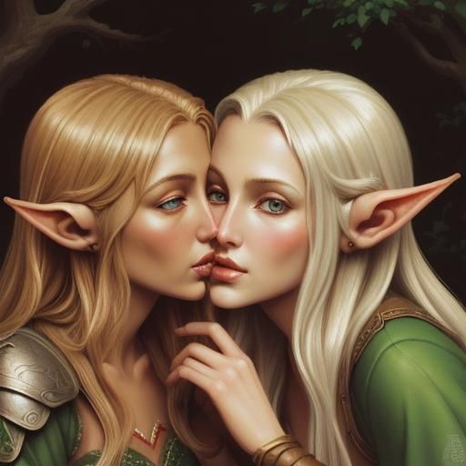 Female Wood Elf Kissing High Elf: Gouache Painting