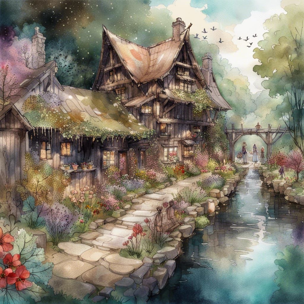 Cottagecore Farmers Market by River, Watercolor Art