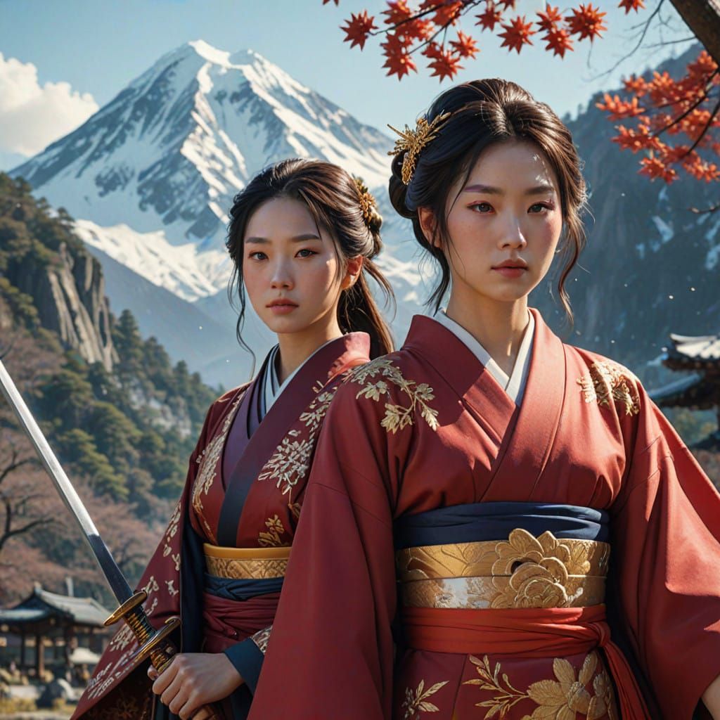 Serene Samurai Standoff in Vibrant Japanese Landscape