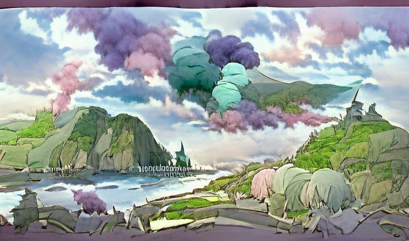 Númenor Landscape: Cartoon Vista in Ghibli Style