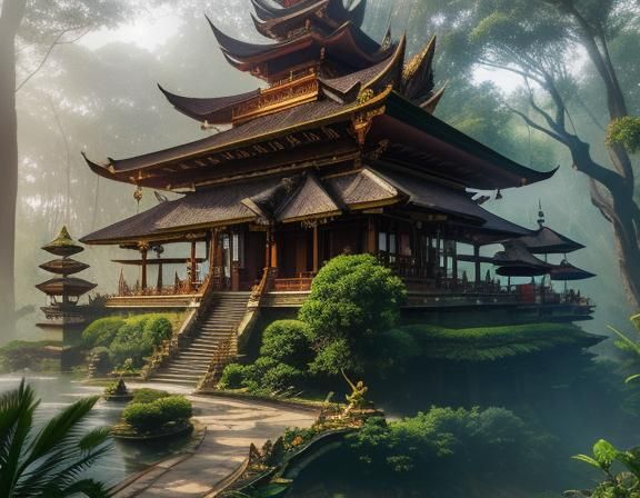 Ethereal Bali Palace in Trees, Hyperdetailed Photography