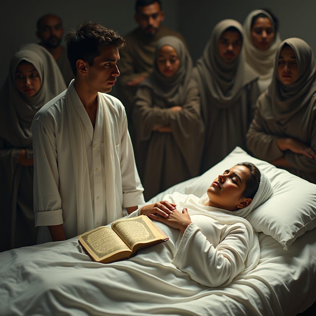 A Son Mourns Beside His Deceased Mother in a Somber Scene
