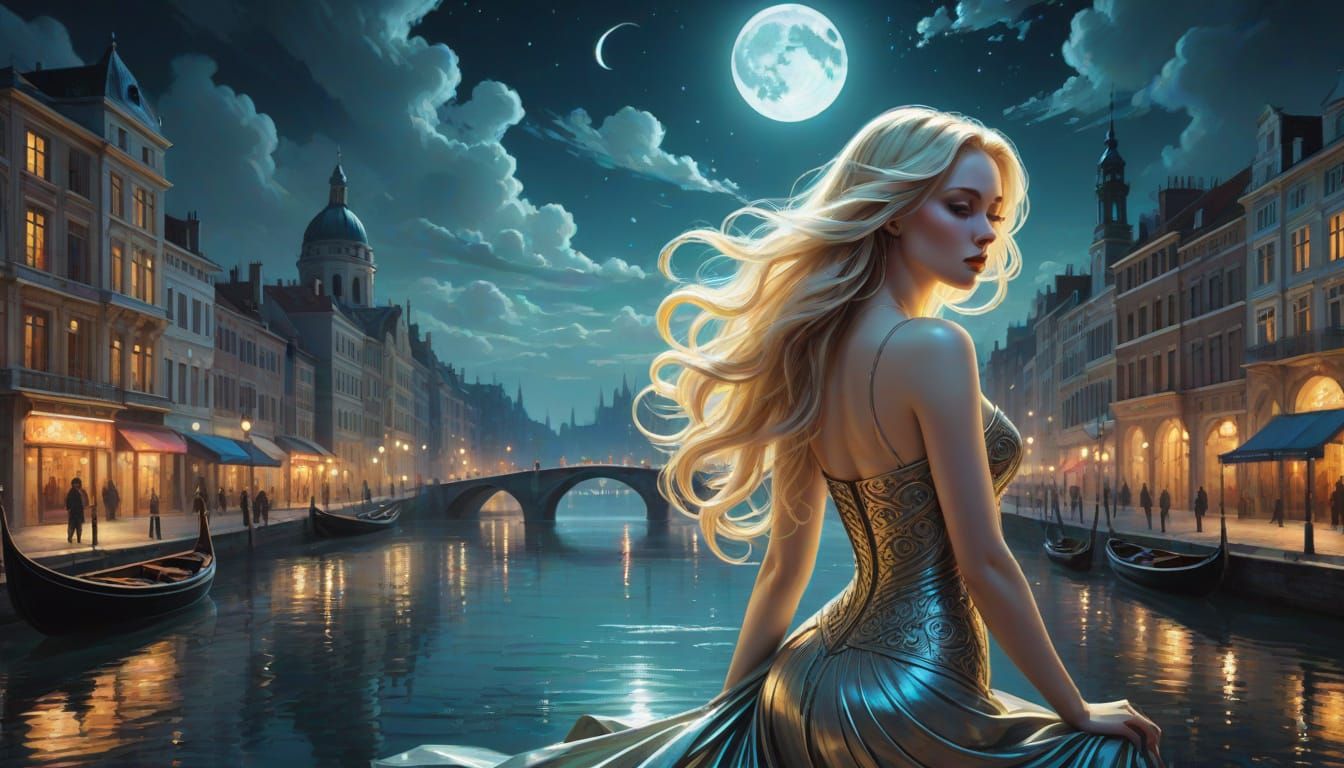 Moonlit and surrounded by a vibrant cityscape, a stylish and...