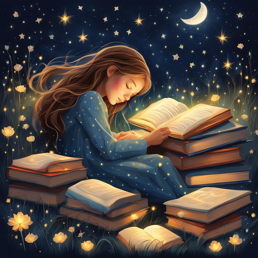 Girl Sleeping in Book Field Under Starry Sky