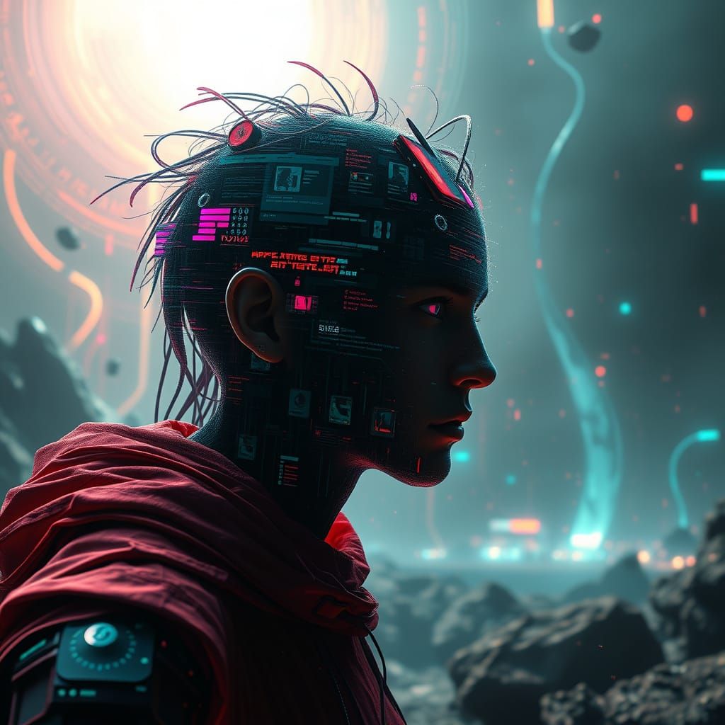 Digital Avatar Haunted by Shadows in Cyberpunk Style