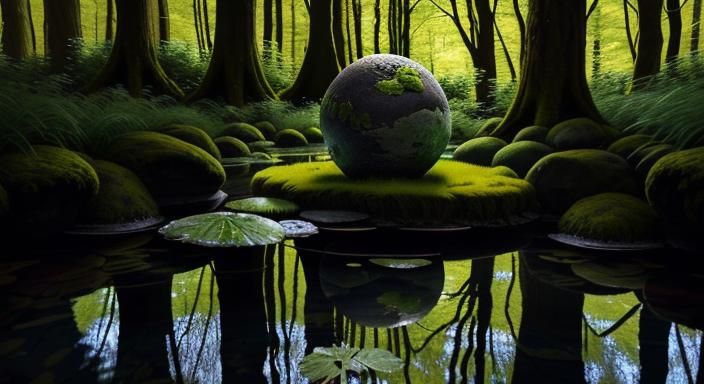 Ancient Stone Orb Reflecting in Serene Pond