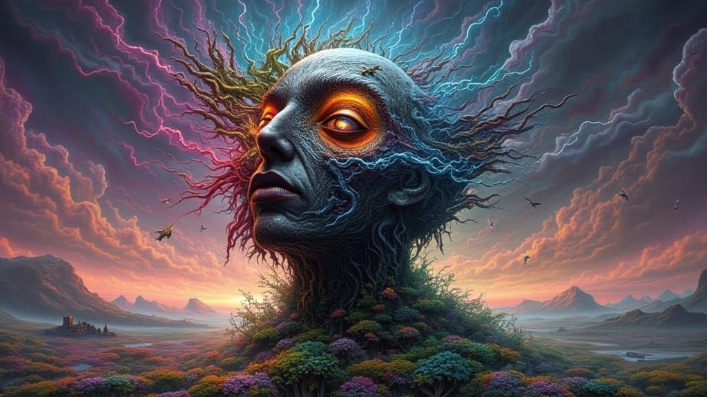 Ethereal Fractal-Faced Man with Rainbow Lightning