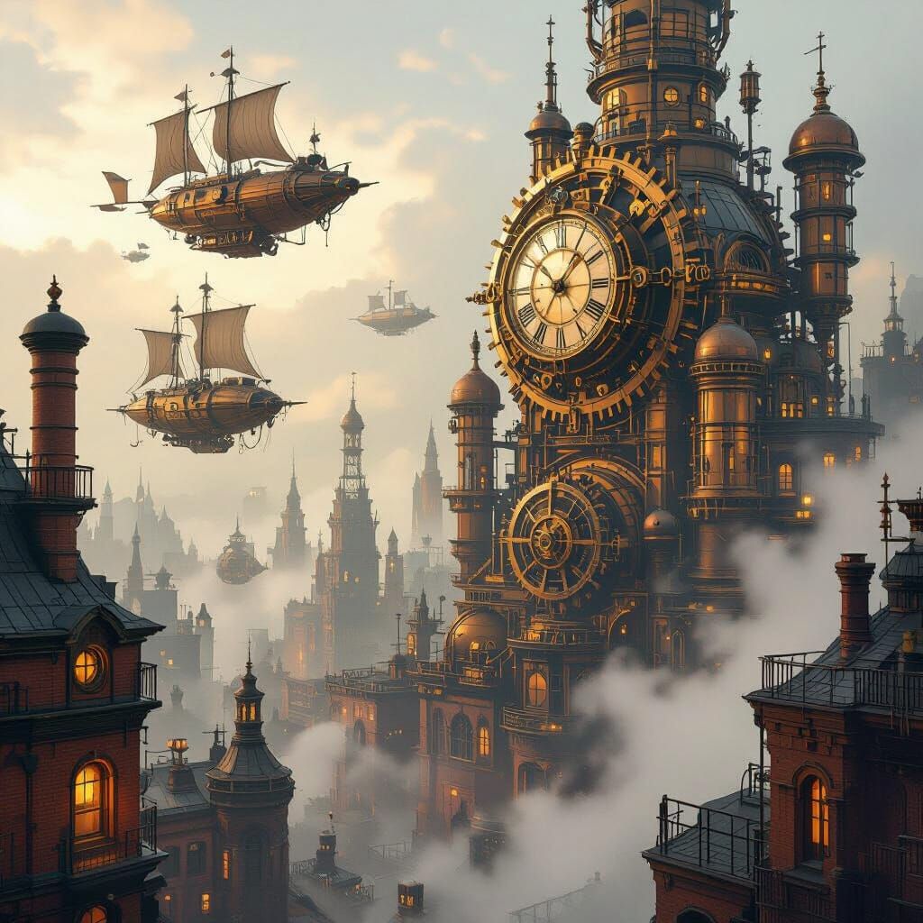 Steampunk Cityscape with Clockwork Gears and Airships