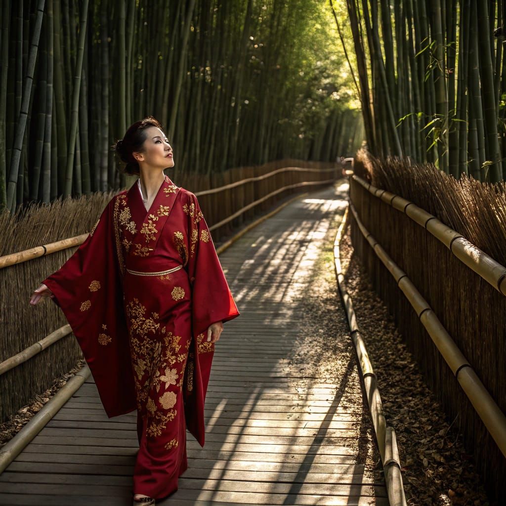 Serene Woman in Crimson Kimono Amidst Bamboo Forest