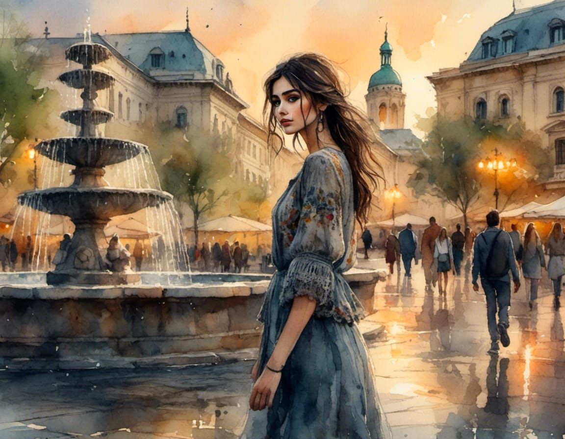 Azeri Girl in Baku Fountain Square: Watercolor Art